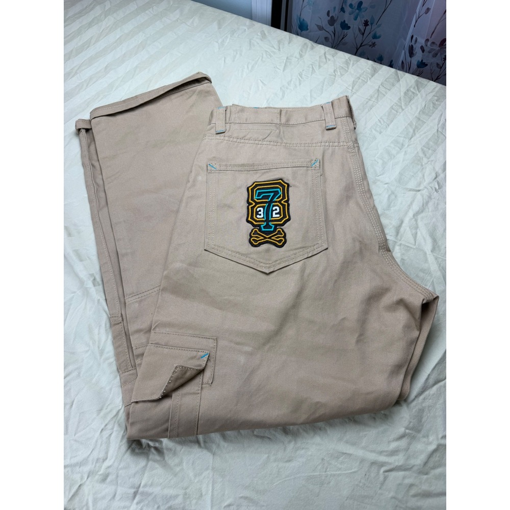 Eight 732 Mens Khaki Cargo Pants 38x34 Cotton Twill Streetwear Skull Patch Tan
